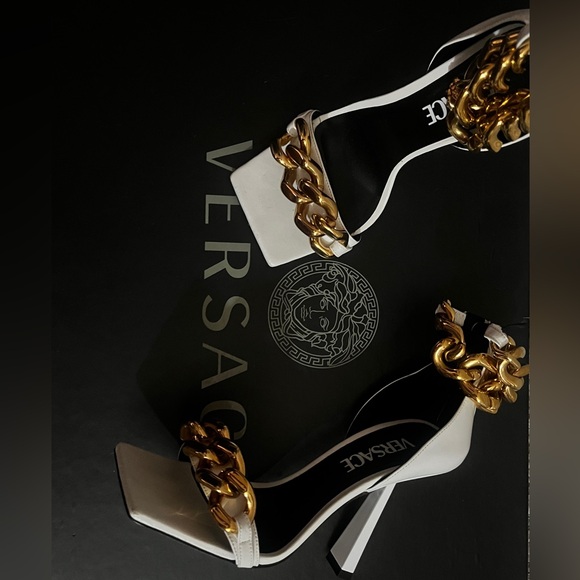 Versace Shoes - Versace White Heels with Gold Chain Detail